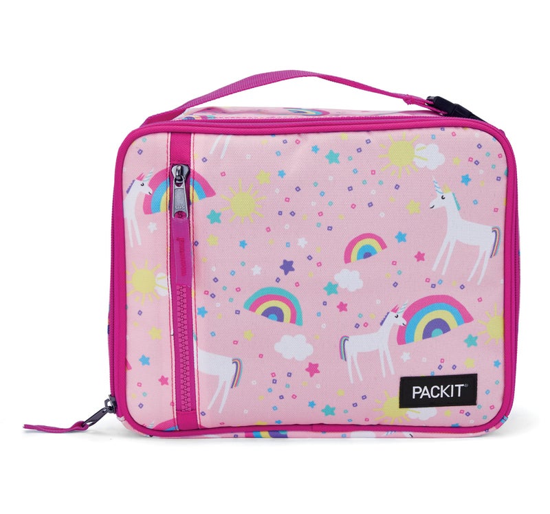 PackIt Freezable Classic Lunch Box, Unicorn Sky Pink, Built with EcoFreeze Technology, Collapsible, Reusable, Zip Closure With Zip Front Pocket and Buckle Handle, Perfect for School Lunches - Image 1